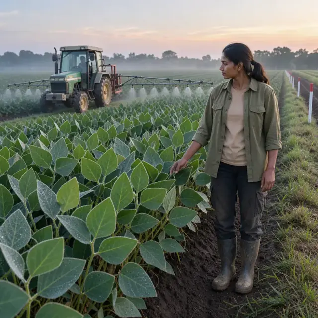 a tractor with a sprayer boom applying product across a green soybean field at dawn with field boundary markers visible