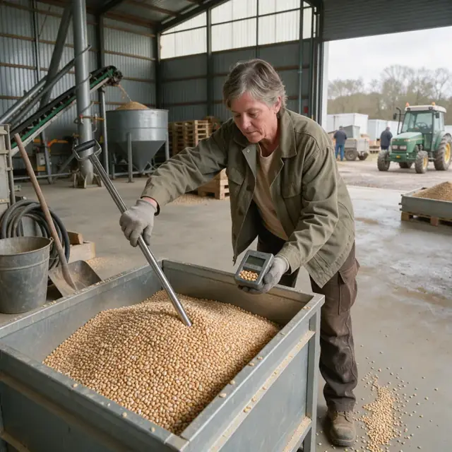 a person in a grain storage facility taking a sample from a bin with a probe while checking moisture on a handheld tester