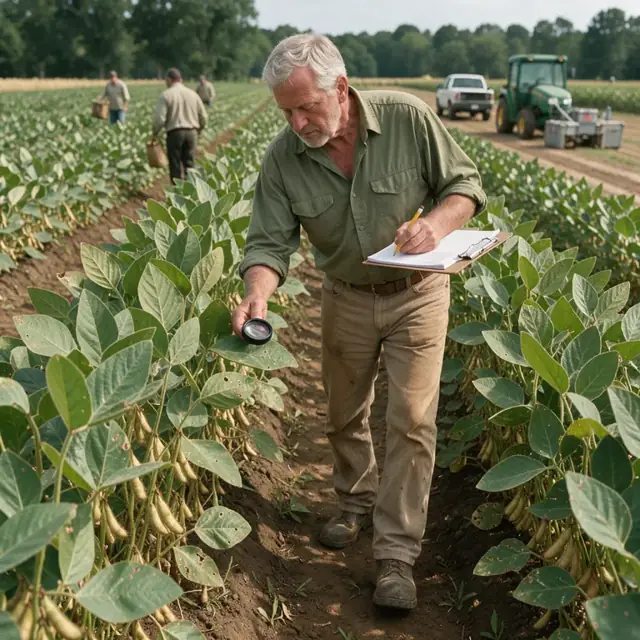 a person walking through waist-high soybean rows using a hand lens to inspect leaves and recording notes on a clipboard