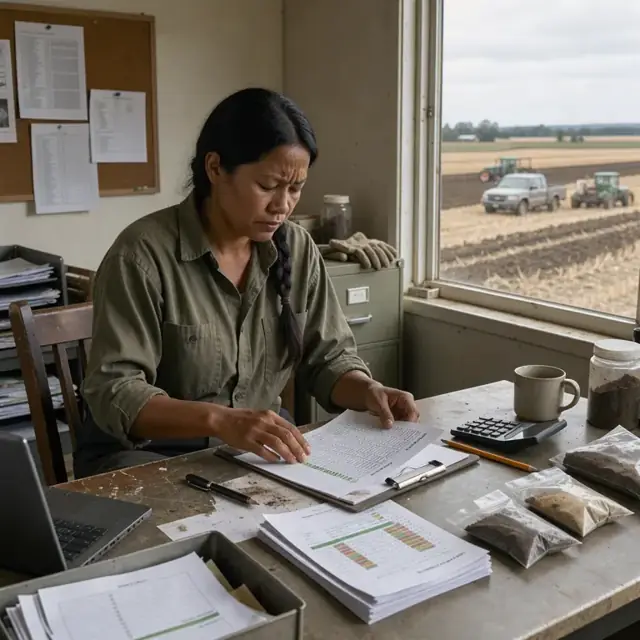 a person at a desk reviewing printed pesticide application logs and soil test results next to a window overlooking harvested fields