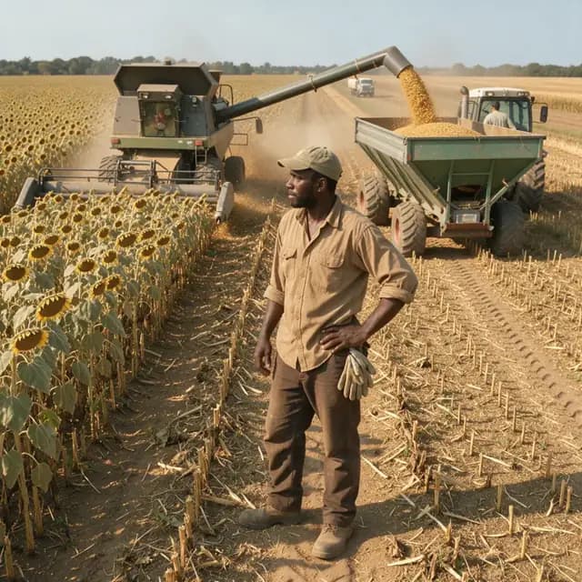 a combine unloading golden oilseed into a grain cart while another truck waits at the edge of a large sunflower field