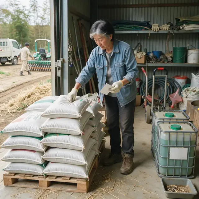a person checking seed bags and chemical totes stacked inside a locked farm shed before a planting day