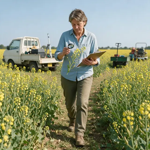 a person walking through a flowering canola field with a clipboard and hand lens examining plants under bright sunlight