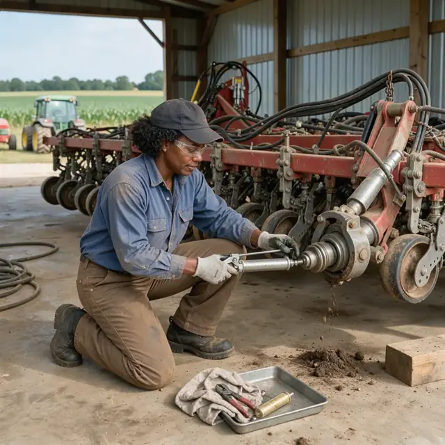 a worker greasing the driveline on a large planter in an open equipment shed surrounded by fields