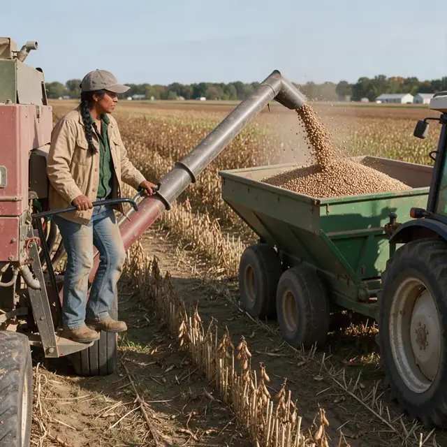 a worker unloading dry beans from a combine into a grain cart at the edge of a large harvested field with ripe pods still on the plants