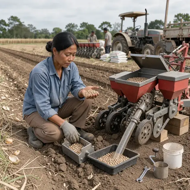 a worker kneeling at the edge of a plowed field examining a handful of dry bean seed next to a planter set up for calibration