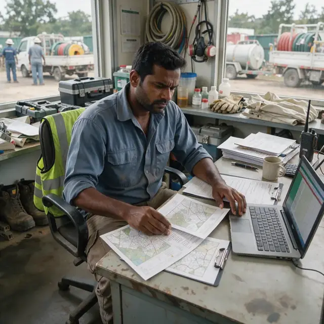 a worker at a desk reviewing a stack of spray logs and field maps with a laptop open to a spreadsheet