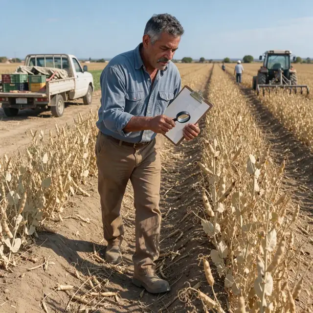 a worker walking through rows of dry peas with a clipboard and hand lens inspecting plants for insects under a clear sky