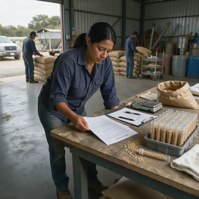 standing at a workbench reviewing printed grain contract pages next to a bin of wheat samples in test tubes