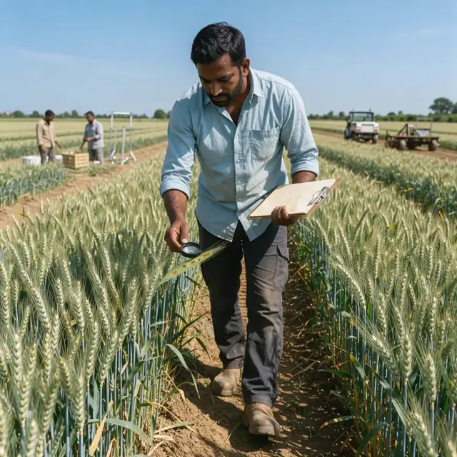 walking through knee-high wheat examining leaf spots with a hand lens and clipboard under a clear sky