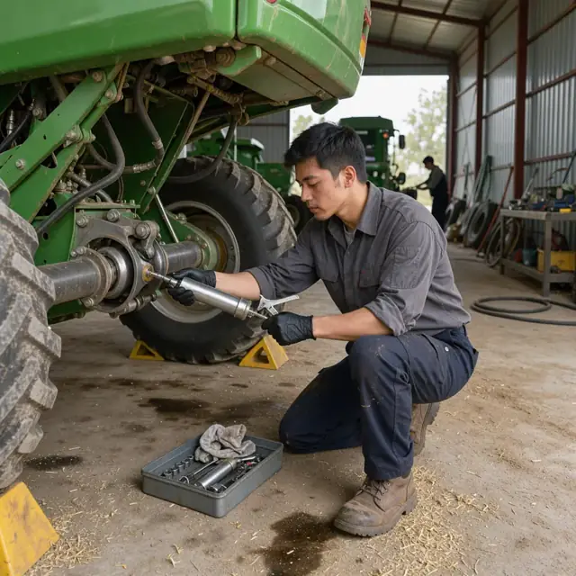 mechanic greasing the driveshaft of a large green combine parked inside a metal equipment shed