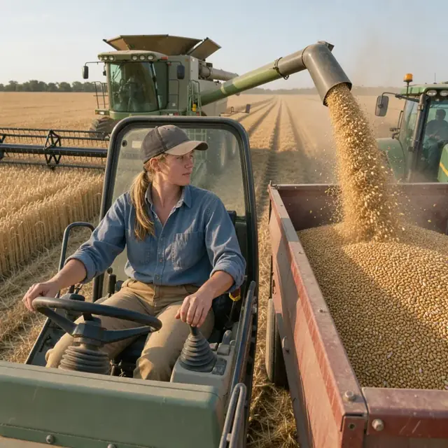 combine operator unloading wheat into a grain cart while driving alongside in an open field during harvest