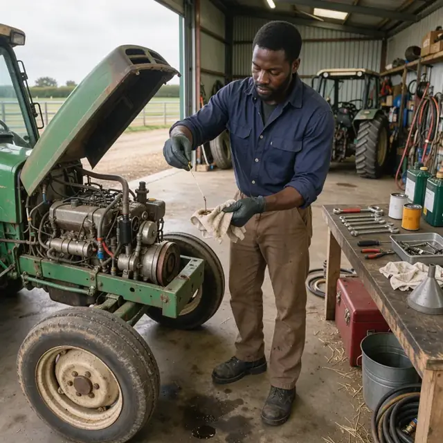 a worker in a farm shop checking oil on a tractor engine with tools and filters laid out on a workbench