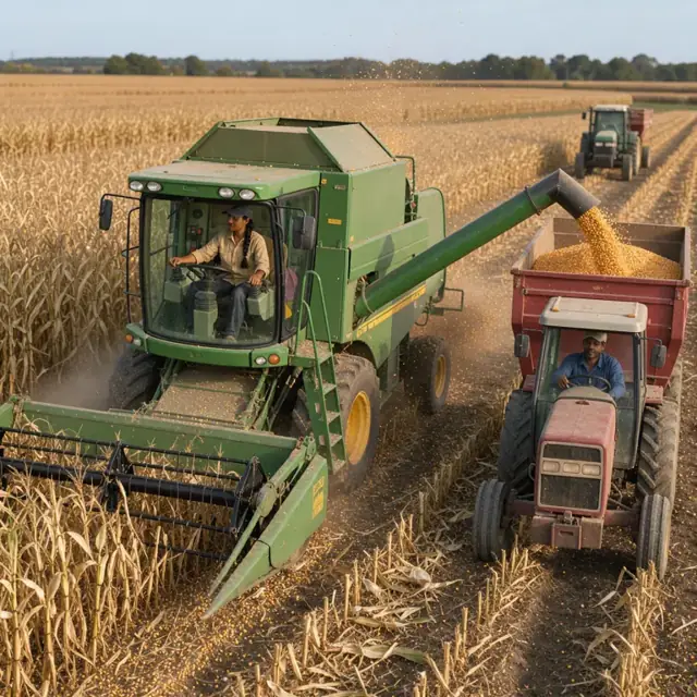a worker operating a combine unloading golden corn into a grain cart while another tractor waits at the edge of the field