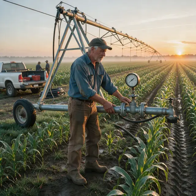 a worker standing beside a large center-pivot irrigation system in a green cornfield at sunrise checking a pressure gauge