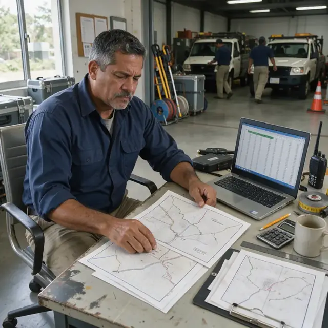 a worker at a desk reviewing printed field maps and entering numbers into a spreadsheet on a laptop