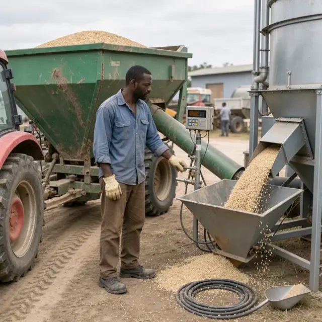 a worker standing beside a grain cart unloading rice into a dryer while checking a digital scale readout