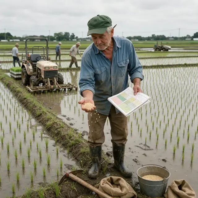 a worker standing at the edge of a flooded rice field examining a handful of seed in one hand and a planting map in the other