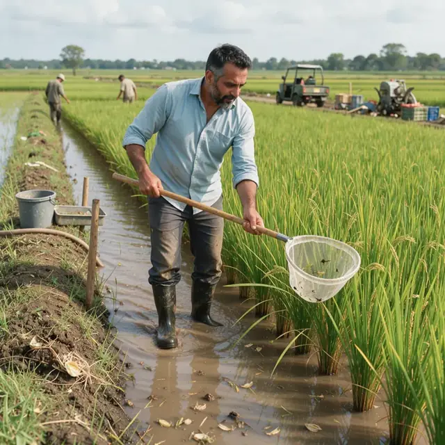 a worker walking through green rice standing in shallow water using a sweep net to check for insects