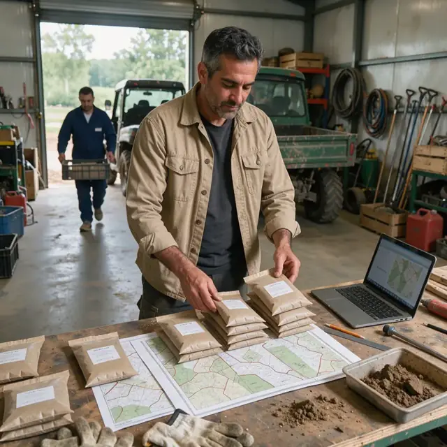 a worker at a workbench organizing soil sample bags and printed field maps beside a laptop in a farm shop