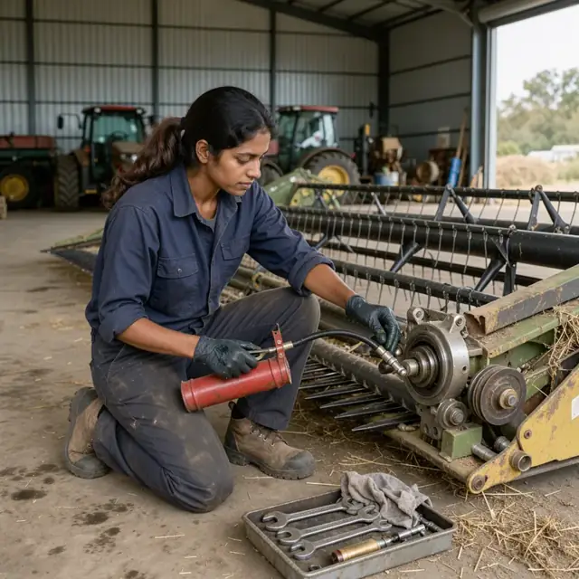 a mechanic greasing the bearings on a large combine header inside a spacious metal equipment shed