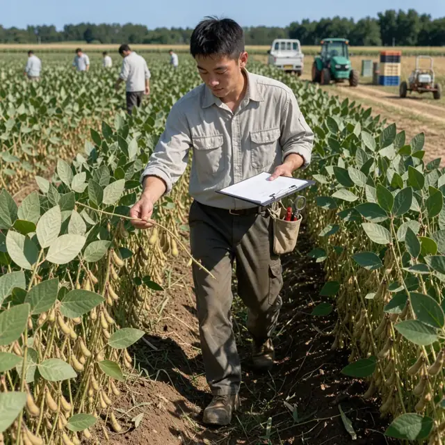 a worker walking through waist-high soybeans holding a clipboard and examining plant pods under bright sunlight