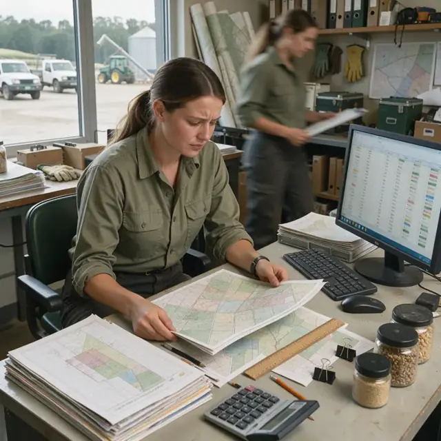 a worker at a desk reviewing a stack of field records and maps beside a computer showing a grain inventory spreadsheet