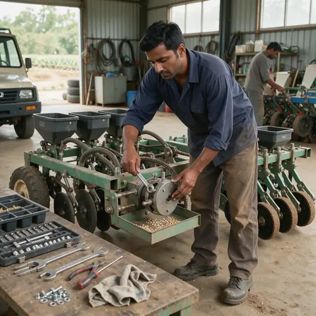 a worker calibrating a planter in a farm shop with seed trays and wrenches laid out on a workbench