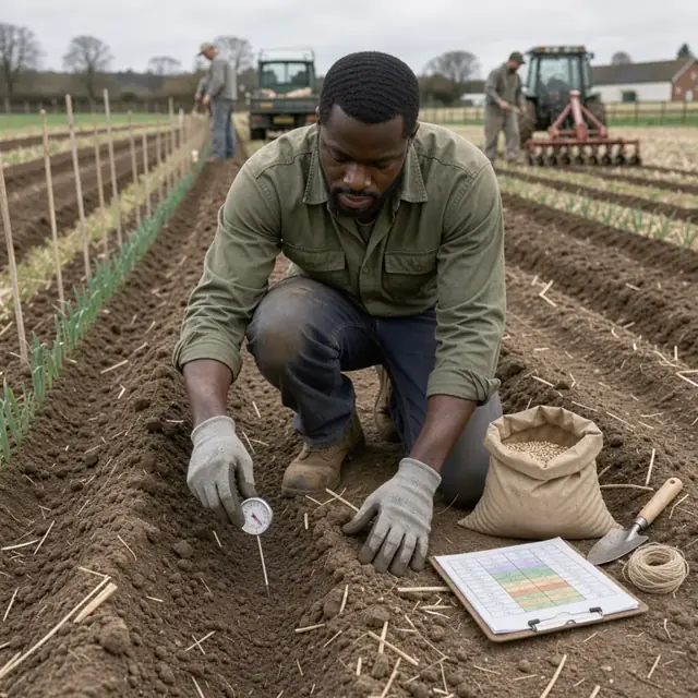 a worker kneeling in a tilled field pressing a soil thermometer into the ground beside a seed bag and planting chart