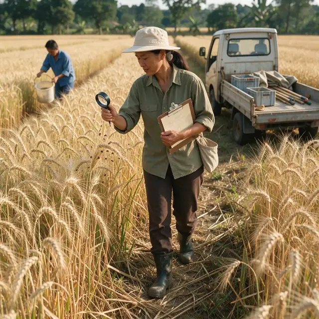 a worker walking through a mature grain field with a clipboard and hand lens examining seed heads for insects