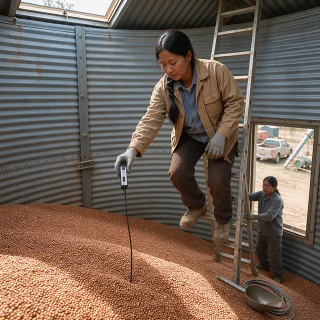 a worker on a ladder checking the temperature probe inside a tall corrugated steel grain bin filled with sorghum
