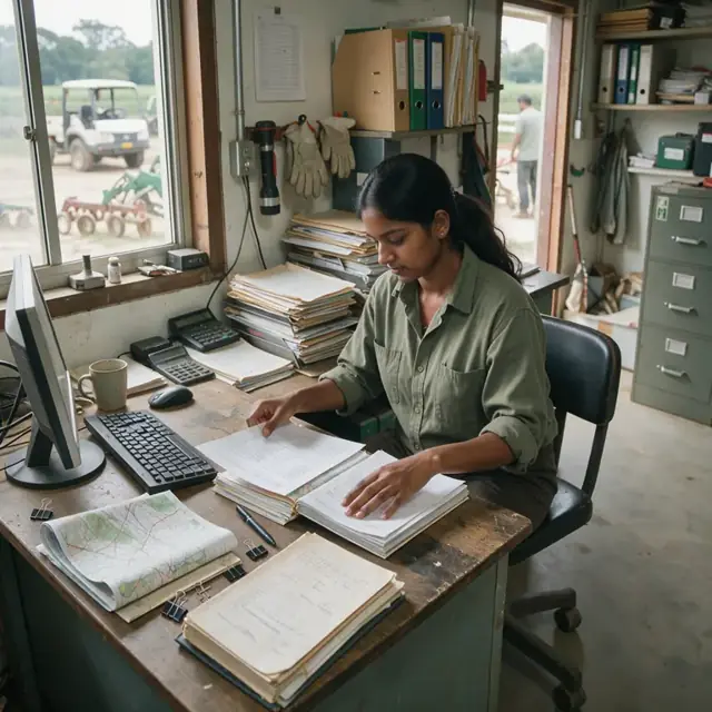 a worker at a desk in a farm office organizing stacks of spray records, maps and logbooks beside a computer