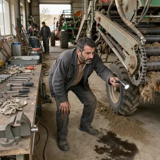 a mechanic in a farm shop inspecting the undercarriage of a potato harvester with tools laid out on a workbench