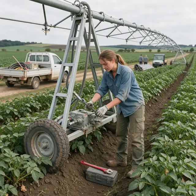 a worker adjusting a large center-pivot irrigation system in the middle of a green potato field with hills in the distance
