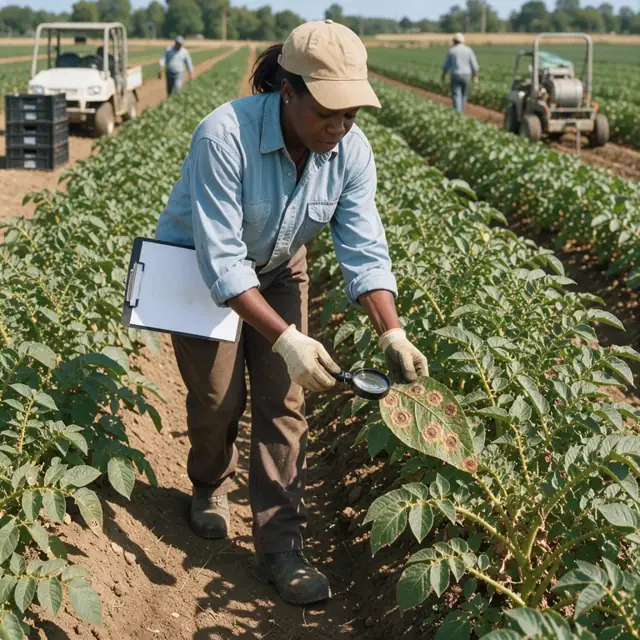 a worker walking through potato rows with a clipboard and hand lens examining leaves for early blight under bright sunlight