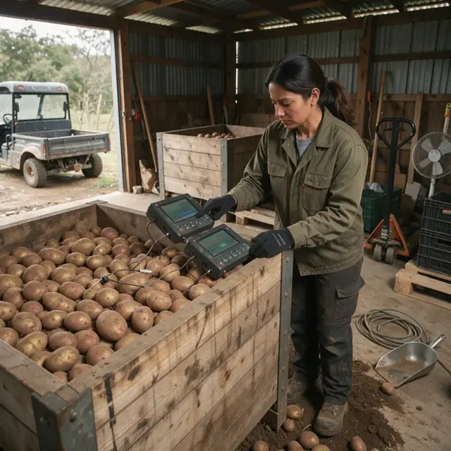 a worker in a dimly lit potato storage shed checking digital monitors on a large wooden bin filled with potatoes