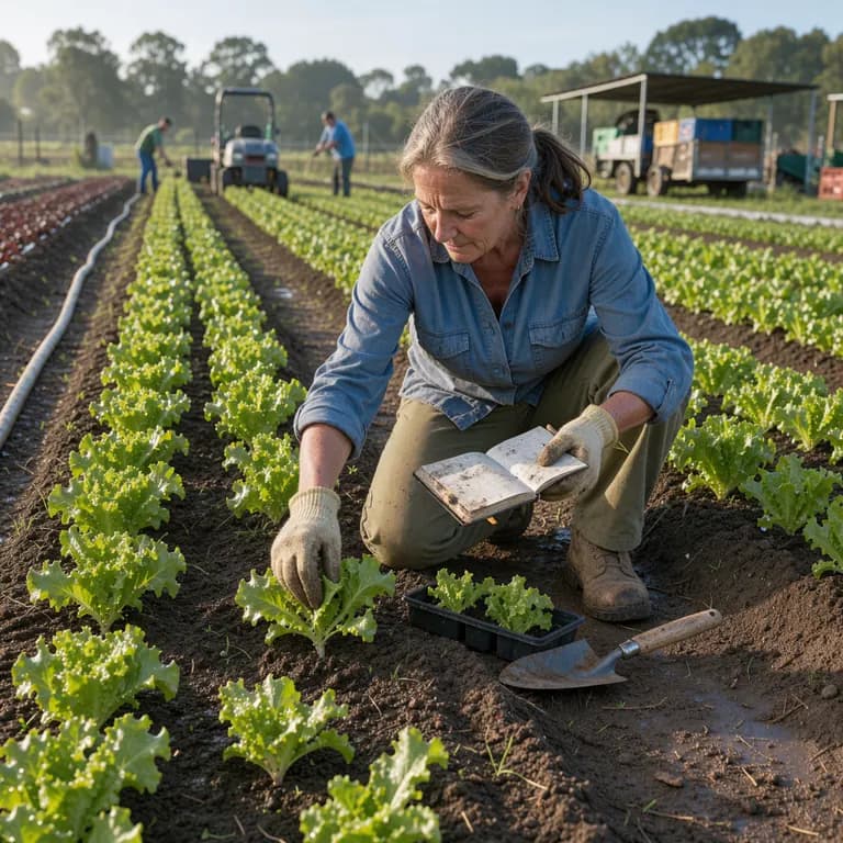 a farmer kneeling in a field of young lettuce rows checking seedlings with a notebook, early morning light