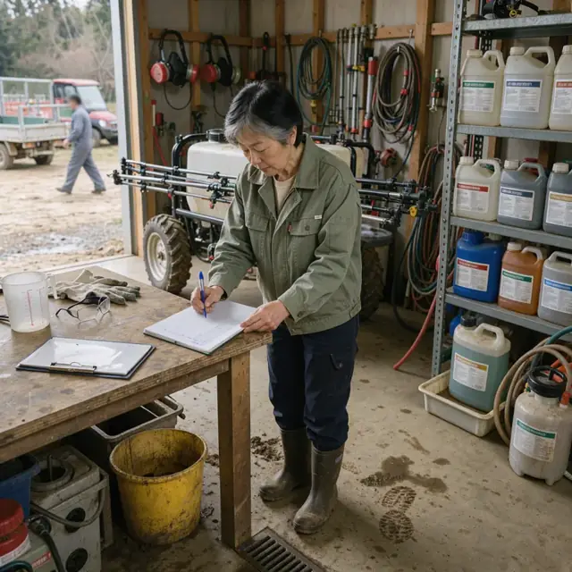 a person in an equipment shed updating a spray record notebook next to shelves of labeled chemical containers