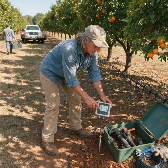 a person standing at the edge of an orange grove checking a soil moisture probe display next to a drip irrigation valve box