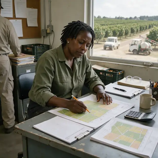 worker at a desk reviewing spray records and block maps with a citrus orchard visible through the window