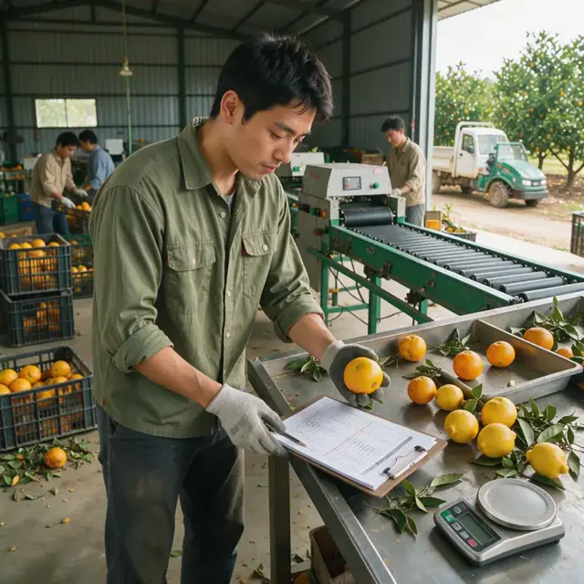 worker examining fruit samples on a sorting table while referencing a clipboard of harvest contracts in a grove packing shed
