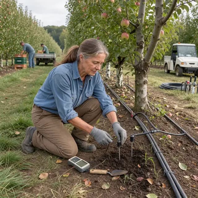 an orchard worker checking soil moisture probes at the base of an apple tree with drip irrigation lines visible along the row