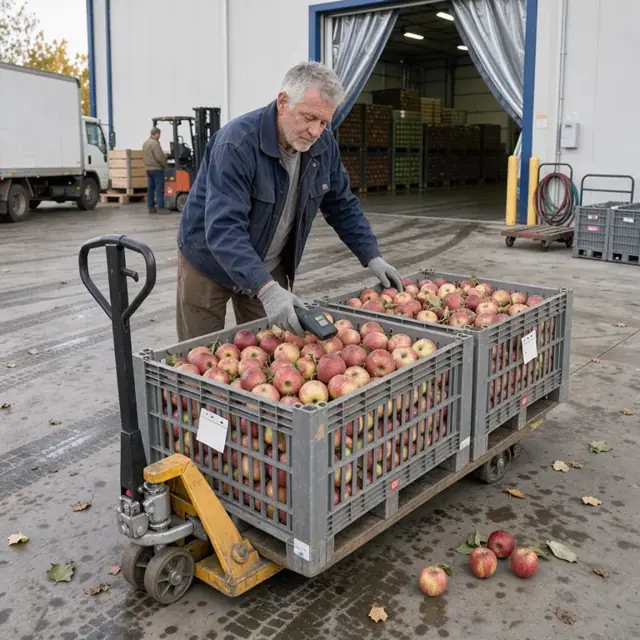 a worker scanning bins of freshly harvested red apples before wheeling them into a large refrigerated storage facility