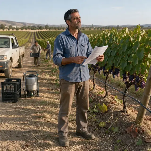 a worker standing at the edge of a vineyard reviewing contract pages while looking out across rows of grapevines