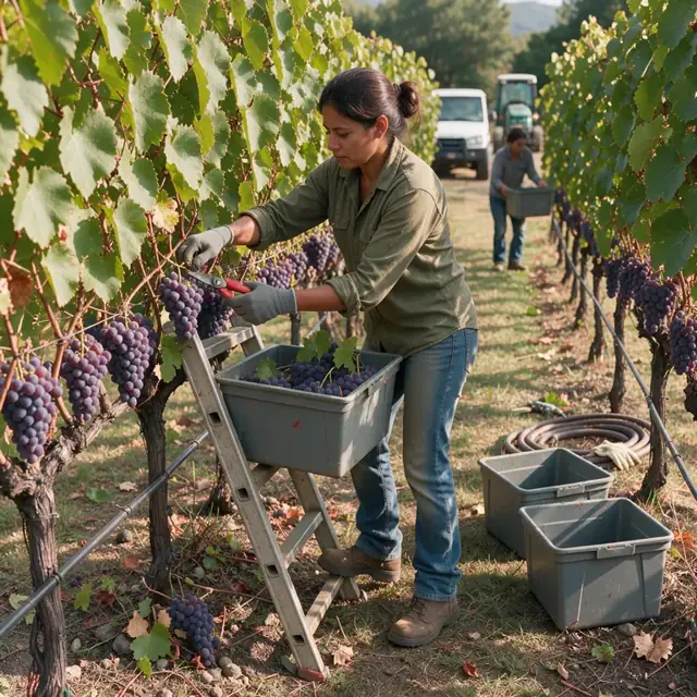 a worker using hand shears to cut ripe grape clusters into a bin while standing on a ladder between vine rows