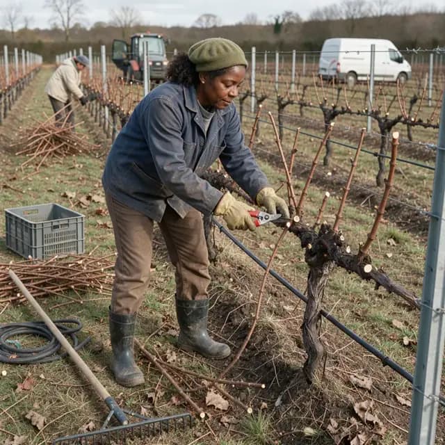 a worker using pruning shears on a grapevine cordon with cut canes lying on the ground between rows