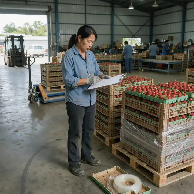 a worker reviewing a clipboard checklist beside stacked strawberry pallets in a packing shed