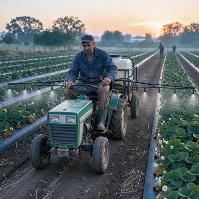 a worker operating a tractor-mounted sprayer moving between raised strawberry beds at dawn