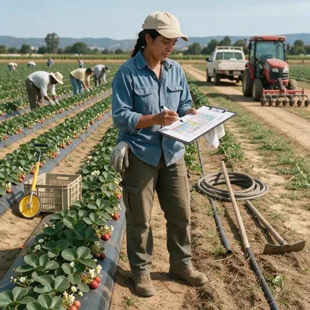 a worker standing at the edge of a strawberry field marking rows on a laminated map with a dry-erase marker