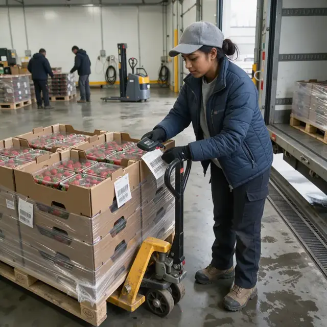 a worker scanning pallet tags on stacked strawberry boxes inside a refrigerated loading dock before truck departure